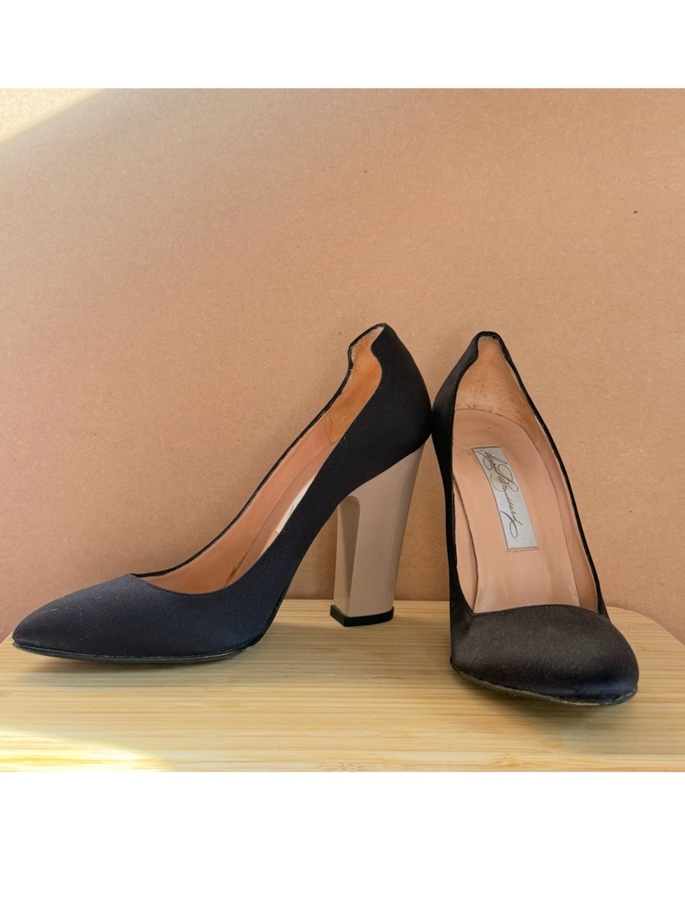 Diana Broussard Black Satin Pumps with Neutral Block Heel